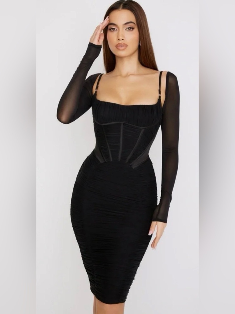 House of CB Black Ruched Corset Long Sleeve Midi Dress